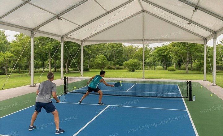 Pickleball court tent interior with column-free space and court markings for training and matches
