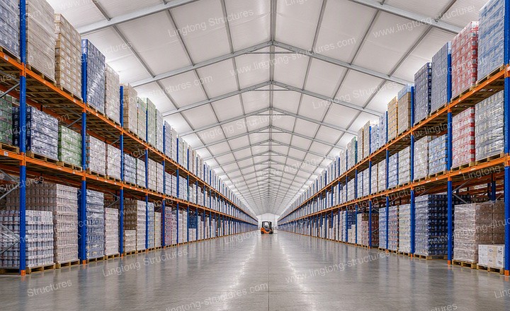 Warehouse tent PVC fabric installation on roof and sidewalls