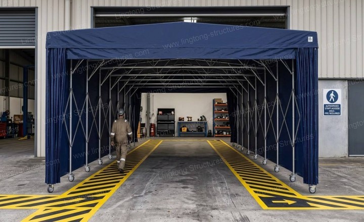 3151787817531722.jpg Retractable mobile storage tent deployed at construction site providing covered storage for building materials