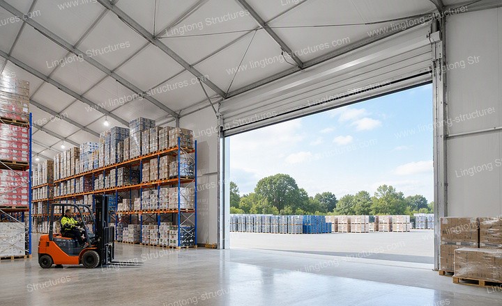 Forklift operating inside warehouse tent with double-tier pallet racking