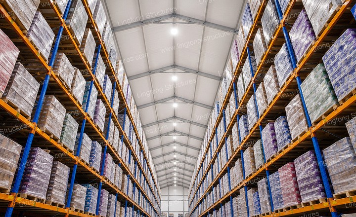 Completed warehouse tent interior with clear-span space and racking system