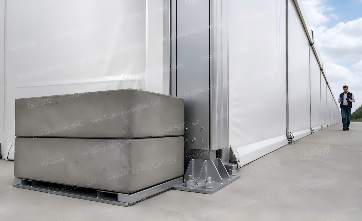 Warehouse tent frame assembly showing aluminum structure during installation