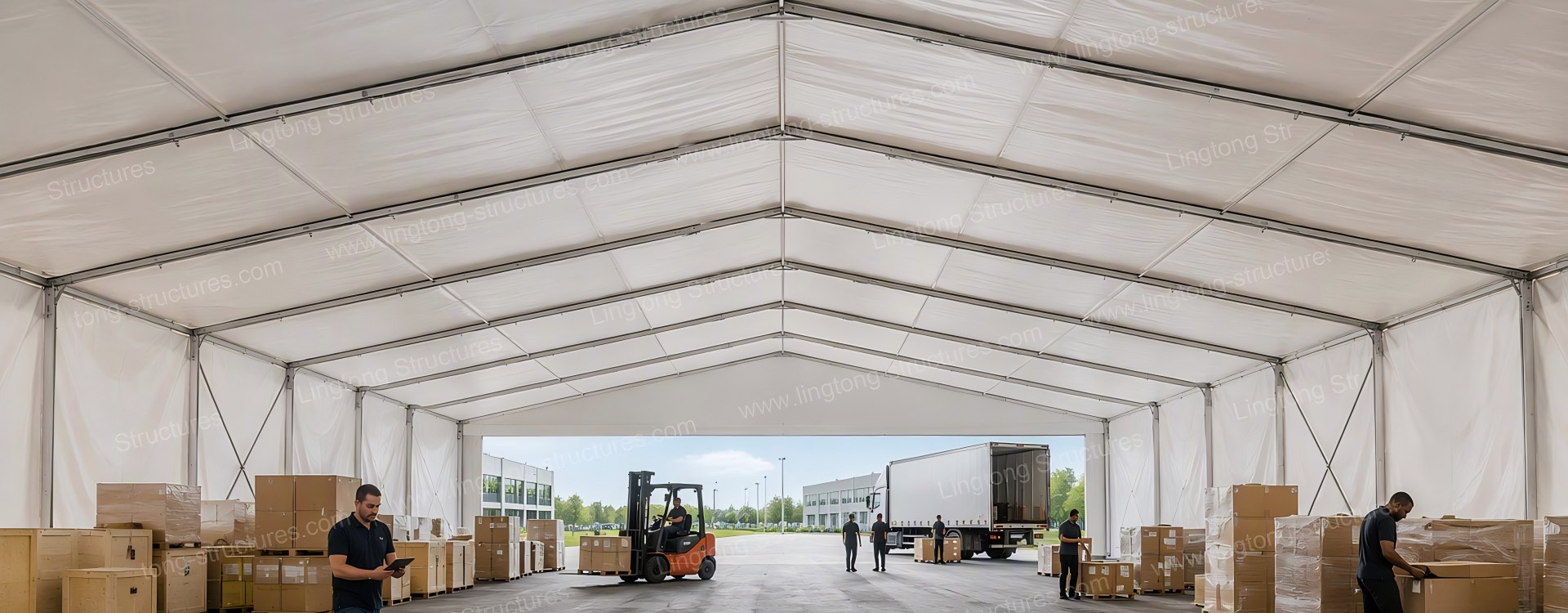 Warehouse tent exterior with large-span aluminum frame structure at Antwerp logistics center