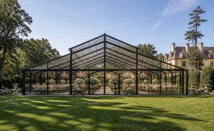 Glass wall atrium tent with clear glass walls and transparent roof Glass wall atrium tent with clear glass walls and transparent roof for luxury resort events
