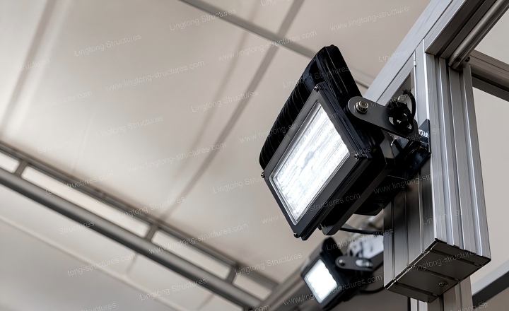 Close-up of anti-glare LED sports lighting fixture installation Close-up of anti-glare LED sports lighting fixture installation in sports tent