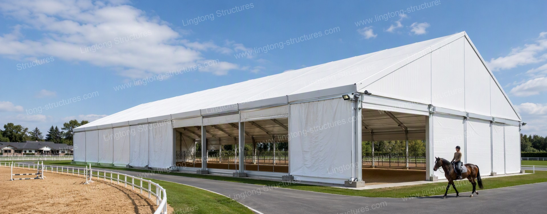 Clear Span Riding Arena with aluminum frame and PVC cover Clear span riding arena with aluminum frame, column-free interior, and PVC cover for year-round horse training