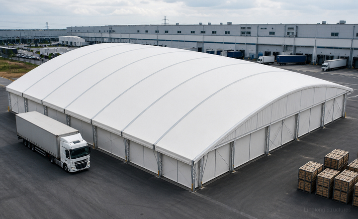 Curved roof warehouse tent for storage, industrial facilities and semi-permanent structures