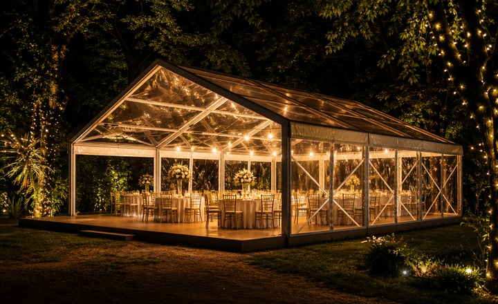 Transparent clear span tent installation for commercial exhibition or event Transparent clear span tent installed for commercial exhibition, brand show or high-end leisure event