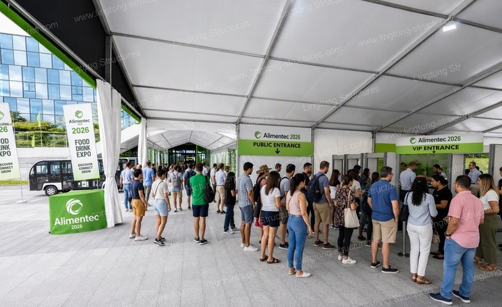 4621788748558436.jpg Entrance detail of the modular exhibition tent at Alimentec 2026 with branded archway