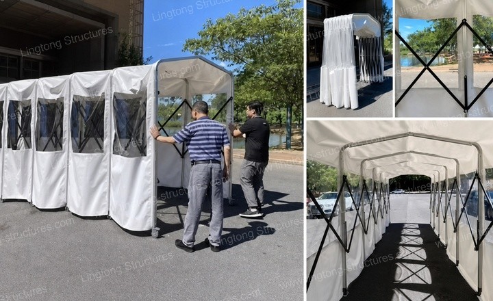 Retractable tunnel with aluminum frame and wheel system for outdoor storage Retractable tunnel with aluminum frame and wheel system shown in partially extended position for outdoor storage
