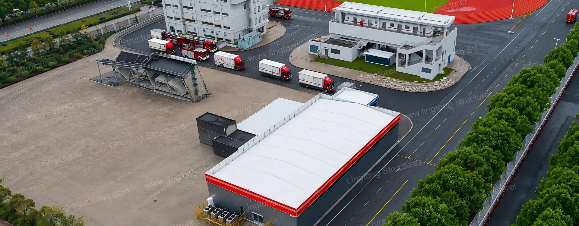 Swimming pool tent exterior at fire station with large-span aluminum frame