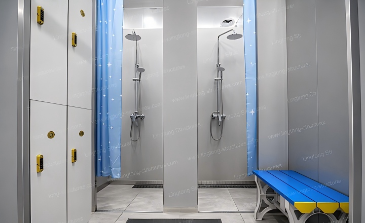 Completed swimming pool tent interior with 25m 5-lane standard pool and changing rooms