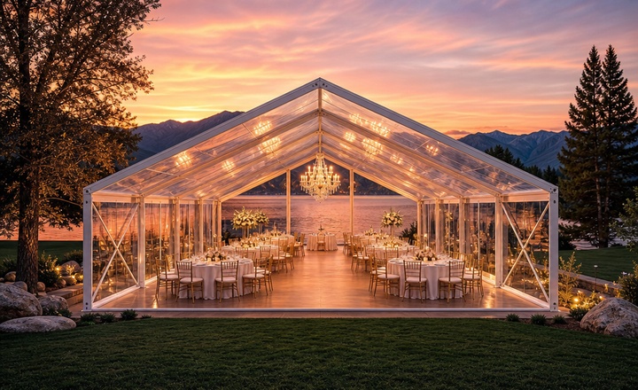 Transparent clear span tent used for outdoor wedding party with elegant crystal-like appearance
