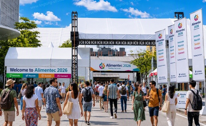 7491788748566791.jpg Park panoramic view of the exhibition tent complex integrated into the Corferias outdoor setting