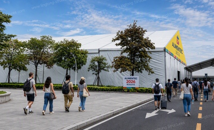 8881788748574785.jpg Exterior of the modular exhibition tent showing the white frame and fabric structure