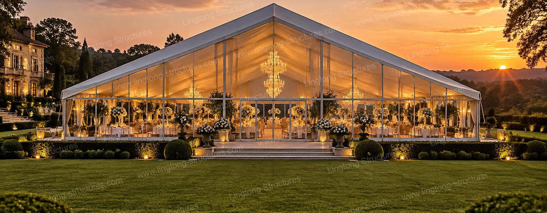 2661792548286695.jpg Large clear span event tent set up for a wedding banquet without interior columns